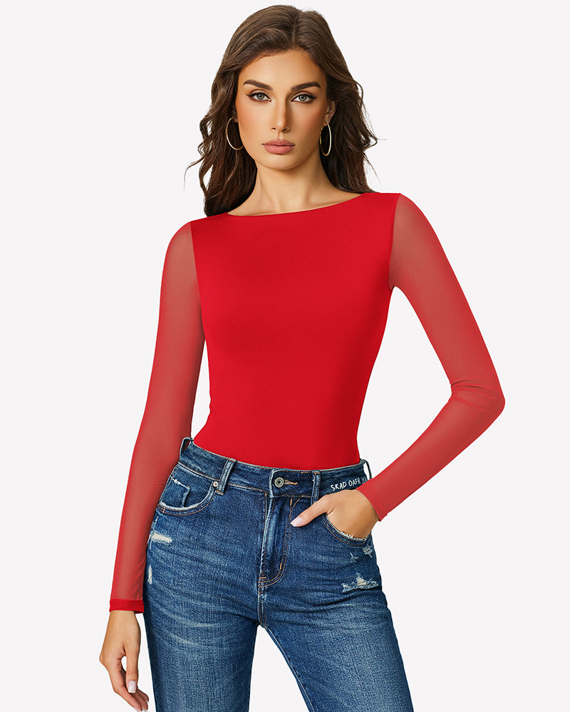 Red mesh long sleeve bodysuit with round neckline