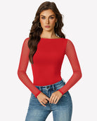 Red mesh long sleeve bodysuit with sheer sleeves and fitted shape