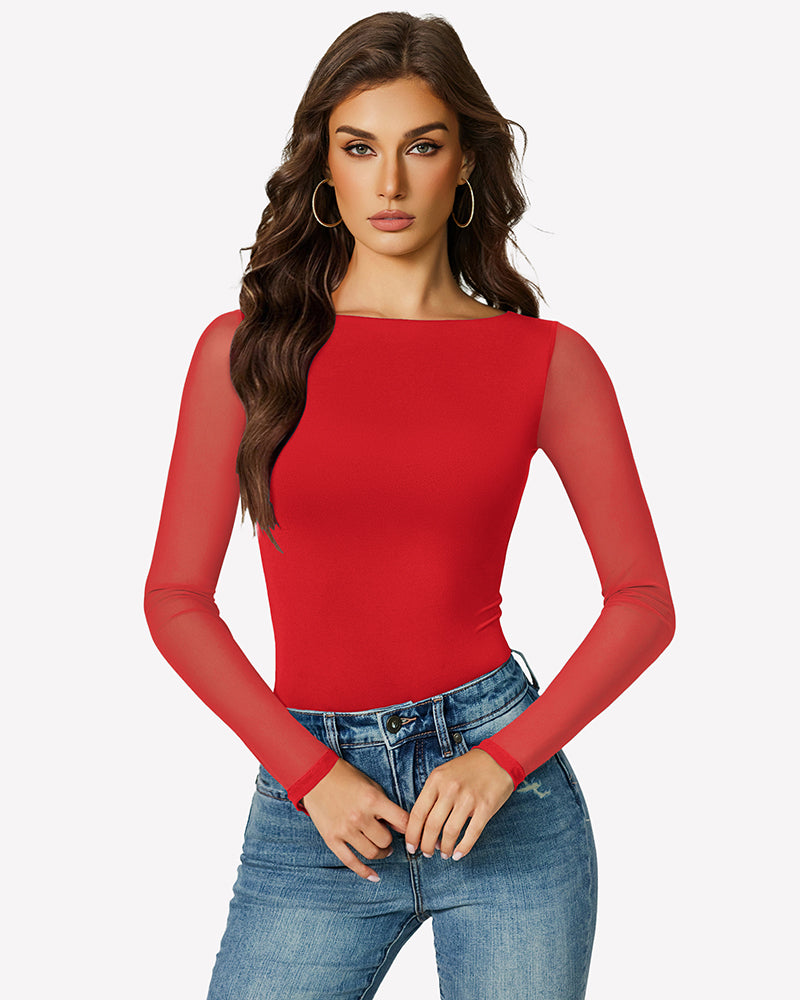 Red mesh long sleeve bodysuit with sheer sleeves and fitted shape