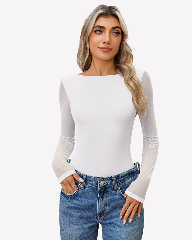 White mesh long sleeve bodysuit with slim fit and long cuffs