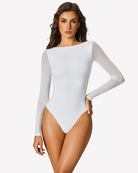 White mesh long sleeve bodysuit with high-cut leg