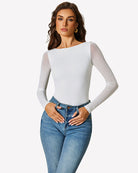 White mesh long sleeve bodysuit with high-cut legs and smooth fit