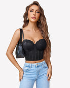 Black lace corset-style bustier top with underwire cups and vertical corset paneling