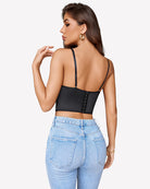 Black lace corset-style bustier top, back view with hook-and-eye closure
