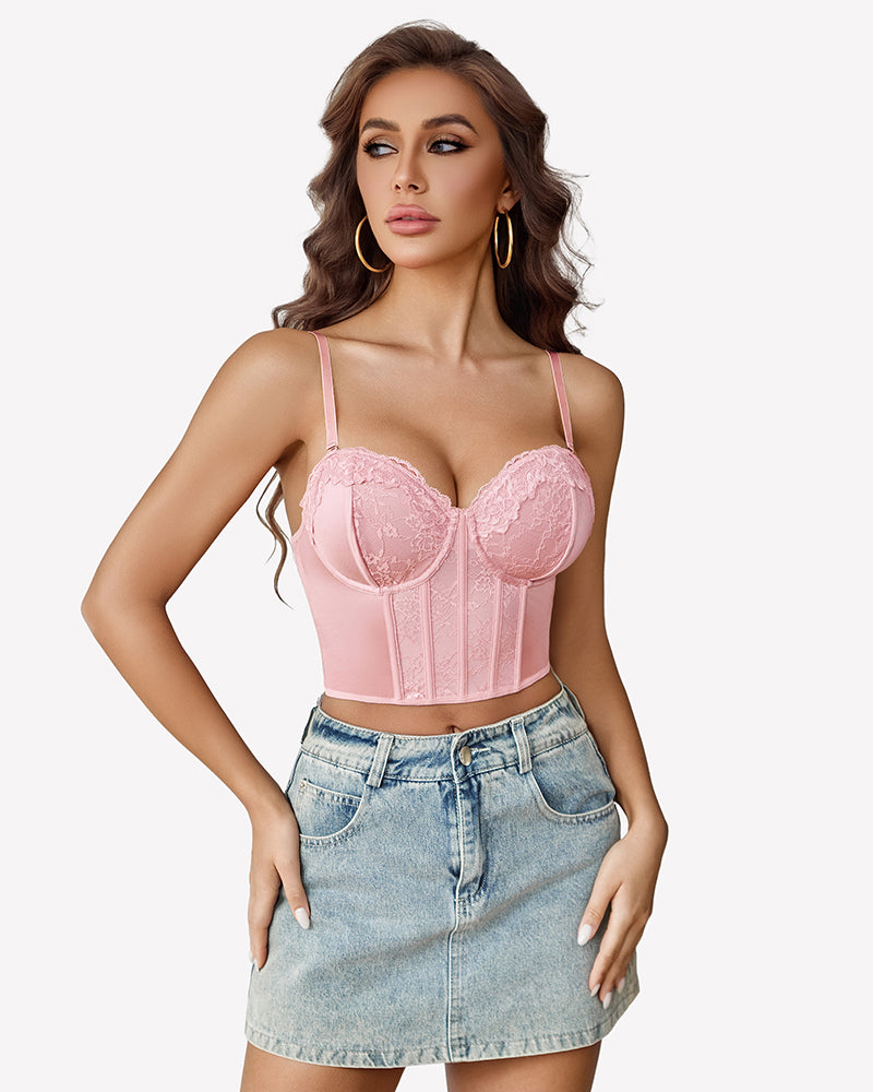 Pink lace corset-style bustier top with underwire cups and vertical corset paneling