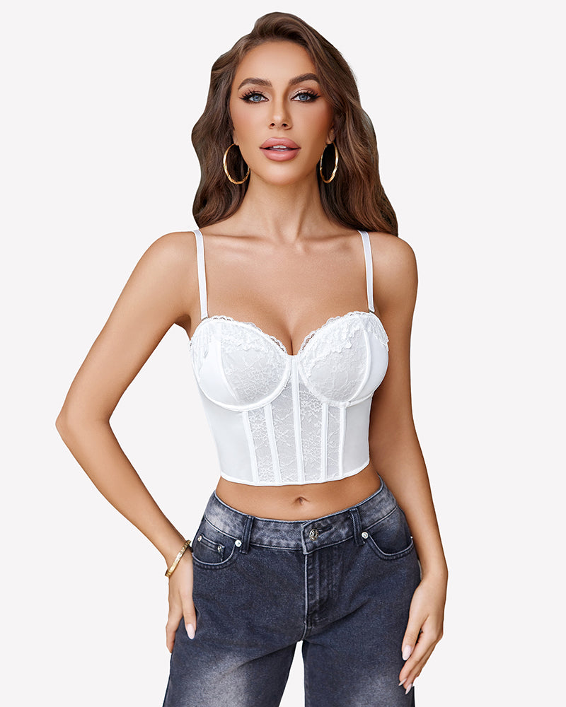 White lace corset-style bustier top with underwire cups and scalloped neckline