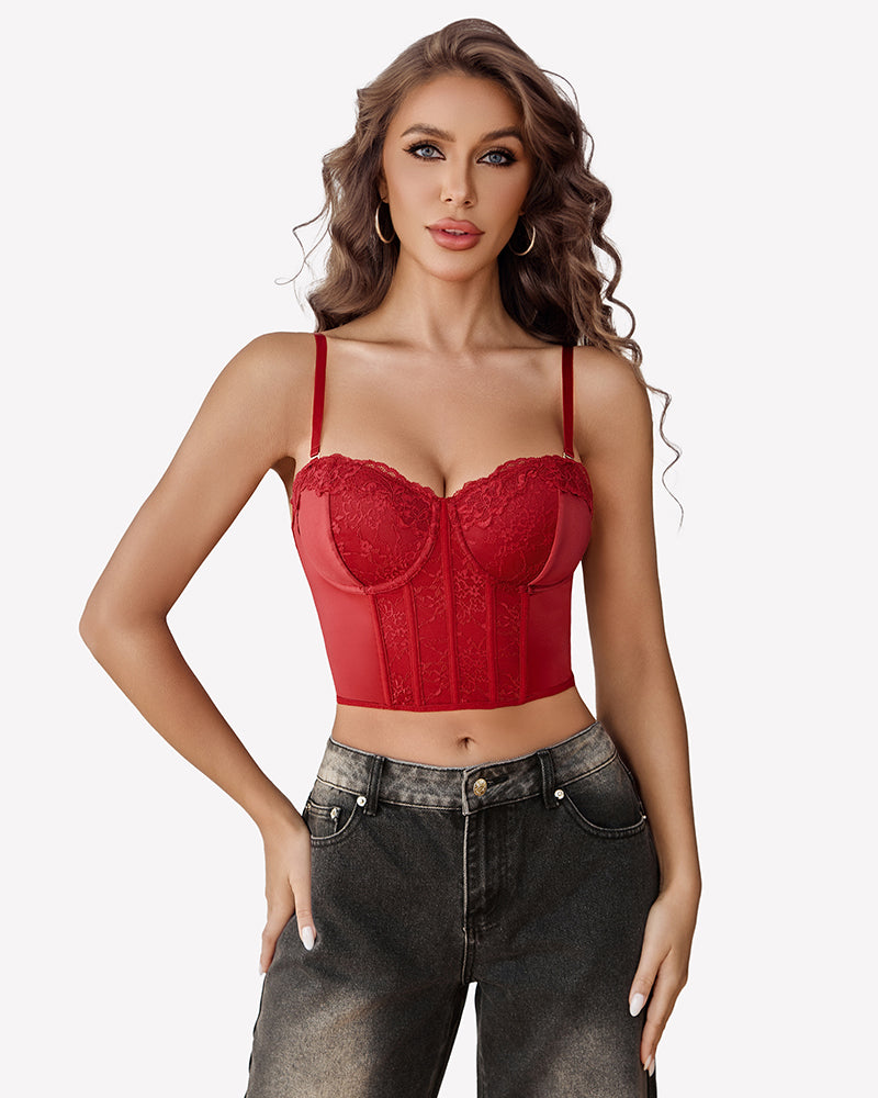 Red lace V-neck corset bustier top with underwire and adjustable straps