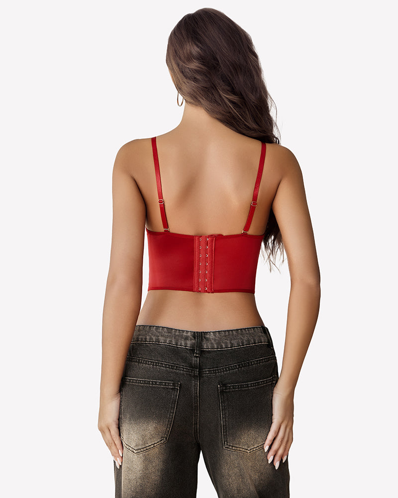 Red corset bustier top back view with hook closure and adjustable shoulder straps