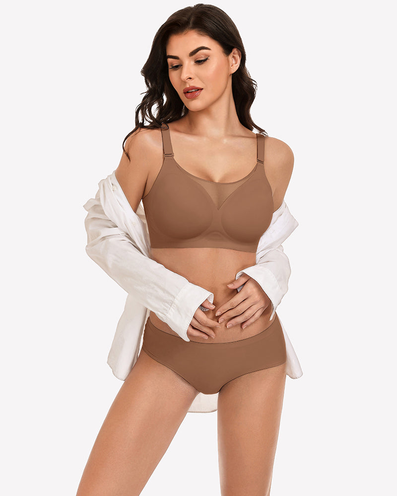 Seamless push-up bra and briefs, coffee-brown, sheer V-shaped center panel