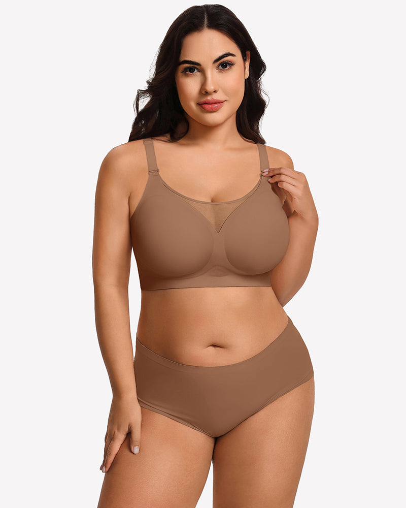 Seamless push-up bra and briefs, deep tan-brown, full coverage cups