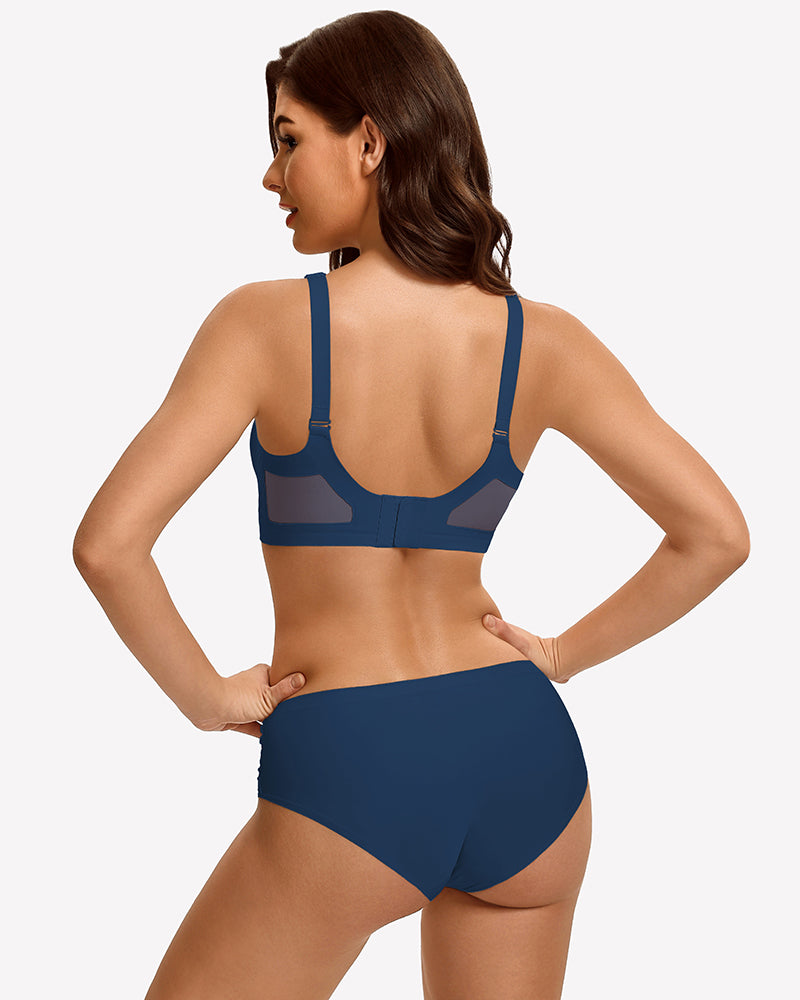 Seamless push-up bra and briefs, deep blue, racerback style from back view