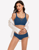 Seamless push-up bra and briefs, deep blue, V-neck sheer center panel