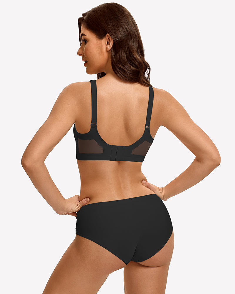 Seamless push-up bra and briefs, black, racerback style from back view
