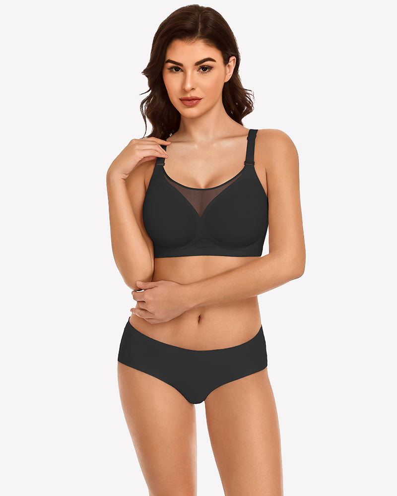Seamless push-up bra and briefs, black, V-neck sheer center panel