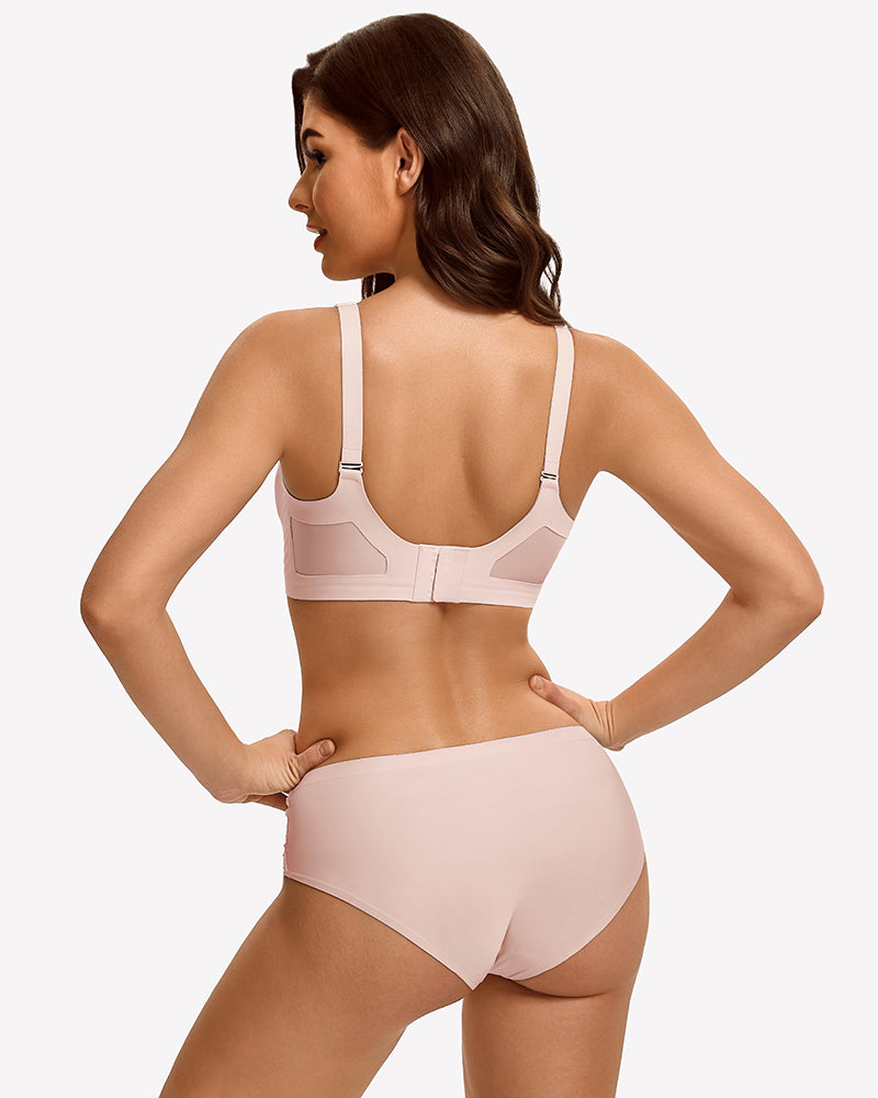 Seamless push-up bra and briefs, light pink, back racerback straps