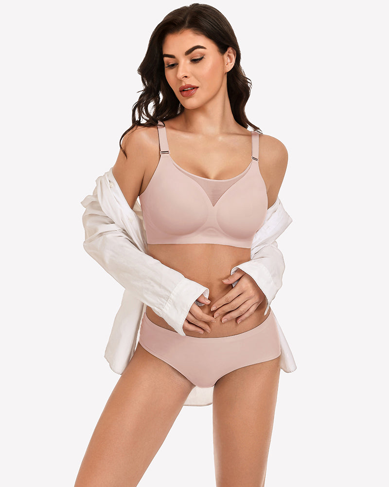 Seamless push-up bra and briefs, light pink, V-neck sheer center panel