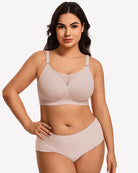 Nude seamless push-up full-coverage bra with wide adjustable straps and mesh panels