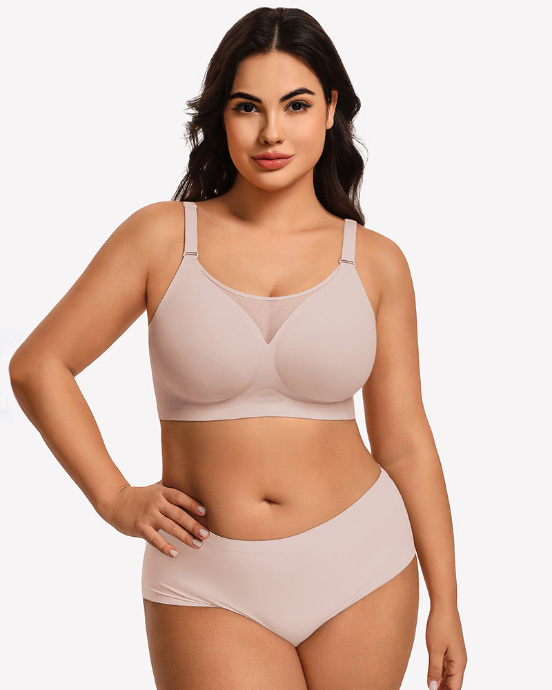 Nude seamless push-up full-coverage bra with wide adjustable straps and mesh panels