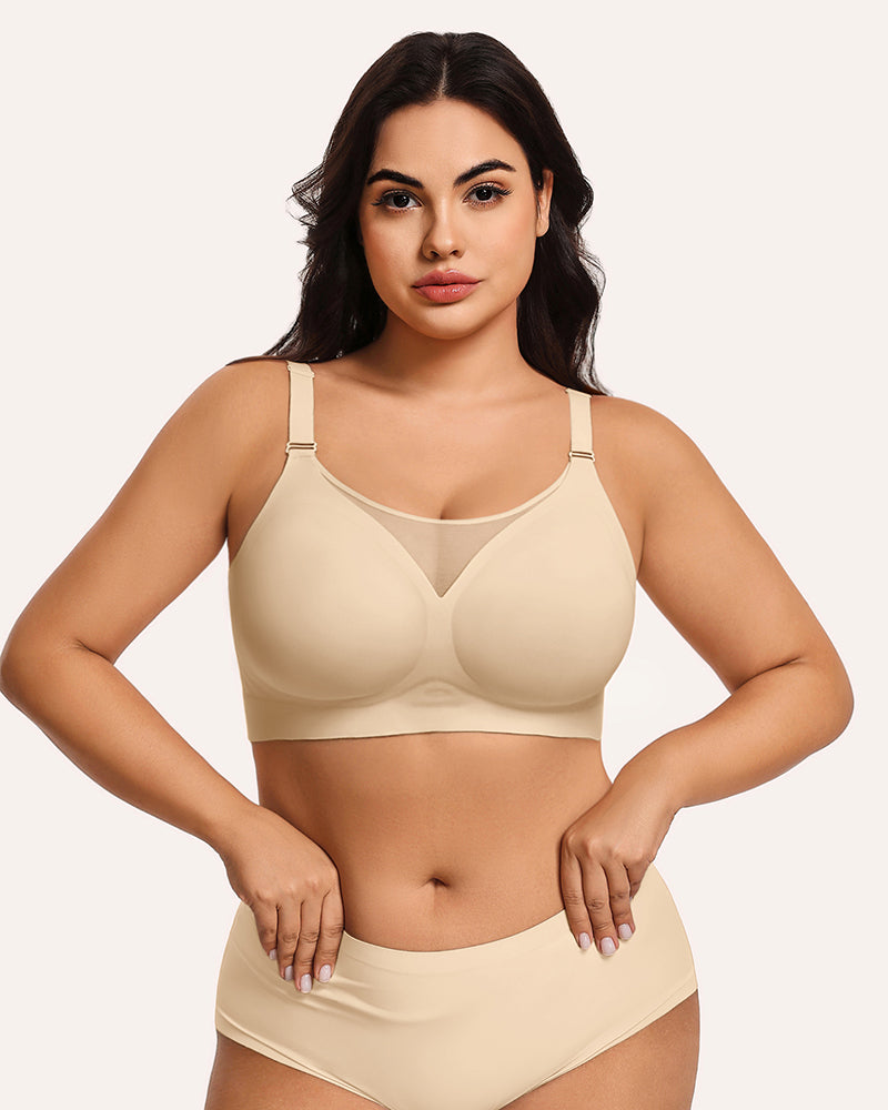 Seamless push-up full coverage bra and briefs, nude/beige, V-neck mesh panel