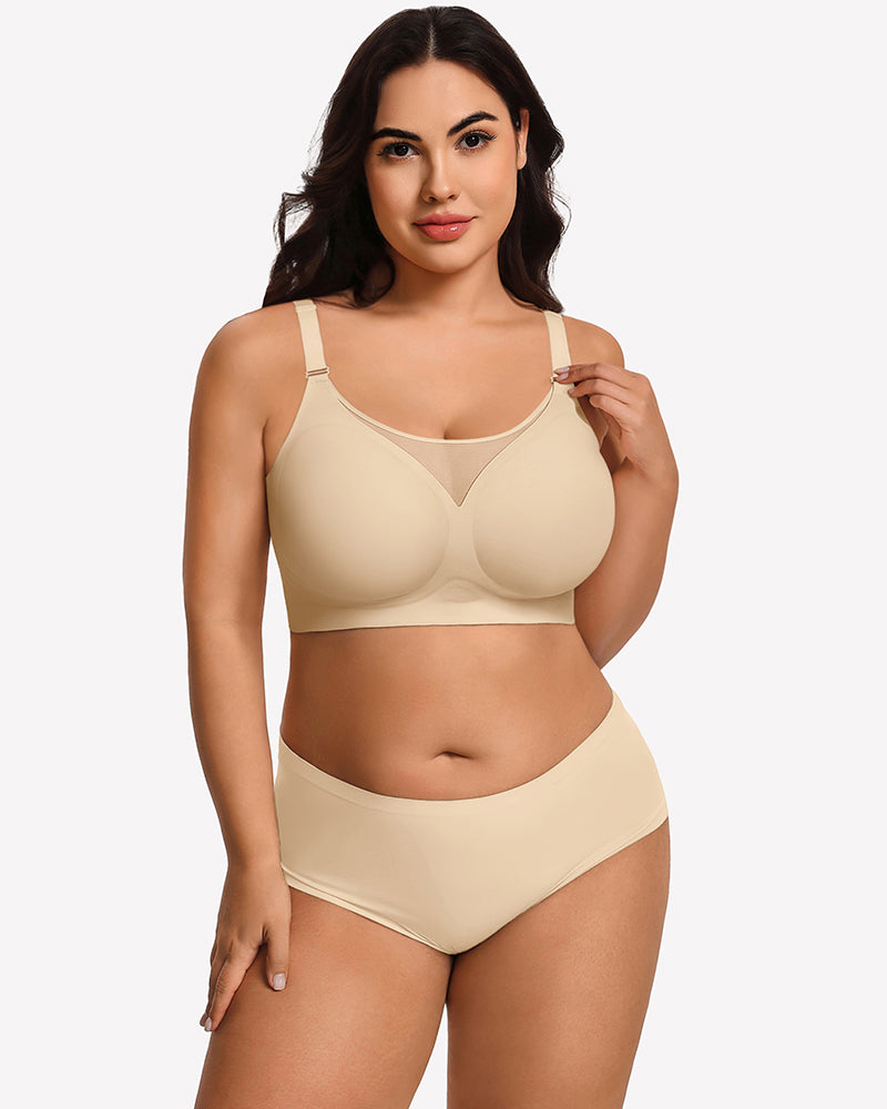 Beige seamless push-up bra with full-coverage cups, mesh trim, and adjustable straps