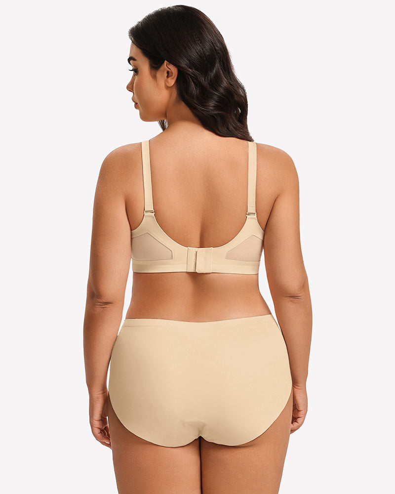Nude seamless push-up bra, back view, with adjustable straps and full-coverage cups