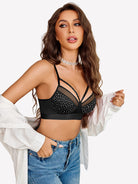 Black wireless rhinestone bralette with dotted mesh cups and V neckline