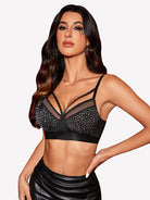 Black wireless rhinestone bralette with dotted mesh cups and V back straps