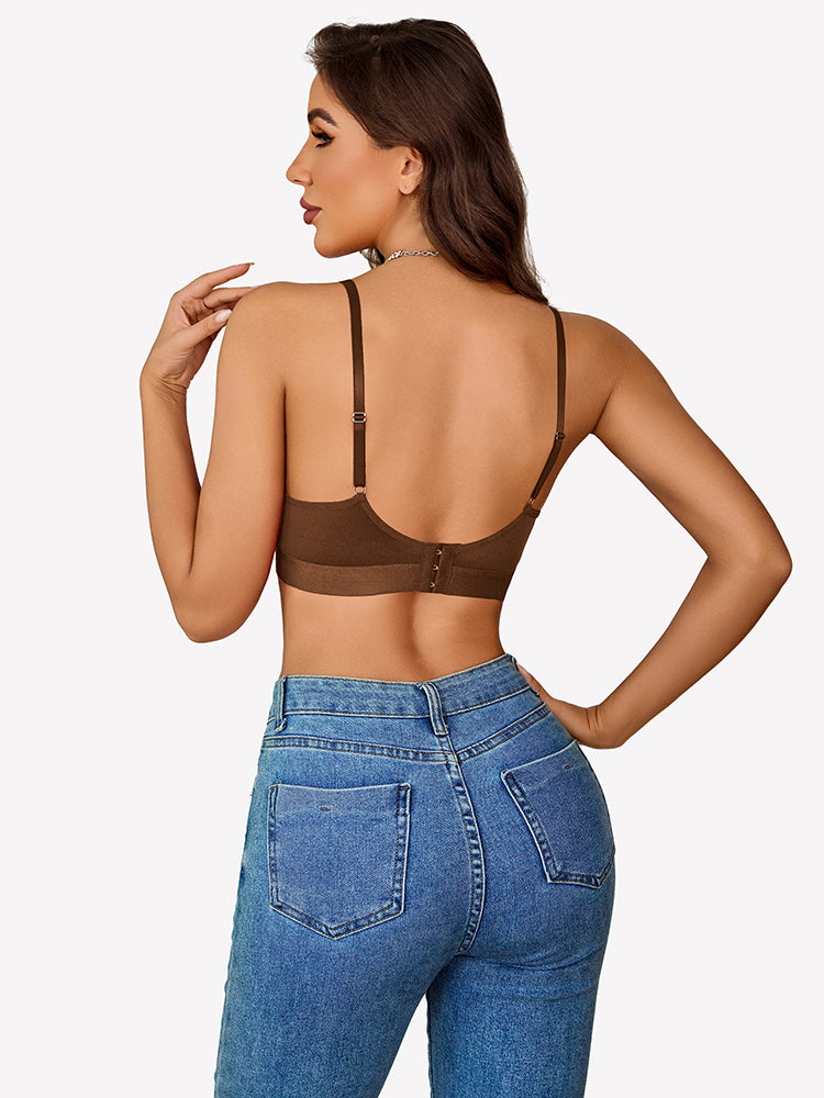 Brown wireless bralette back view with thin straps and center closure
