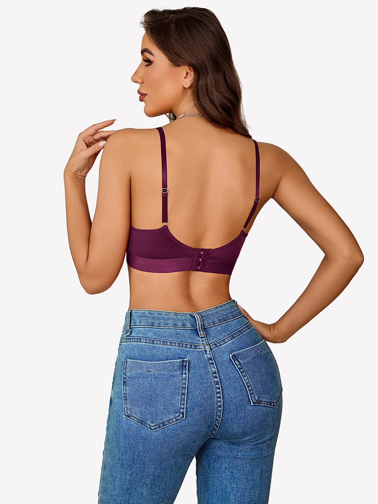 Unlined rhinestone wireless bralette in purple, racerback with adjustable straps