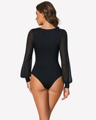 Black puff long-sleeve bodysuit leotard, back view, sheer puff sleeves