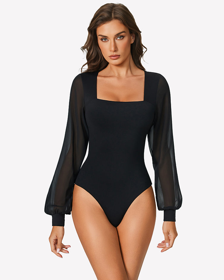 Black puff long-sleeve bodysuit leotard, square neckline, sheer puff sleeves