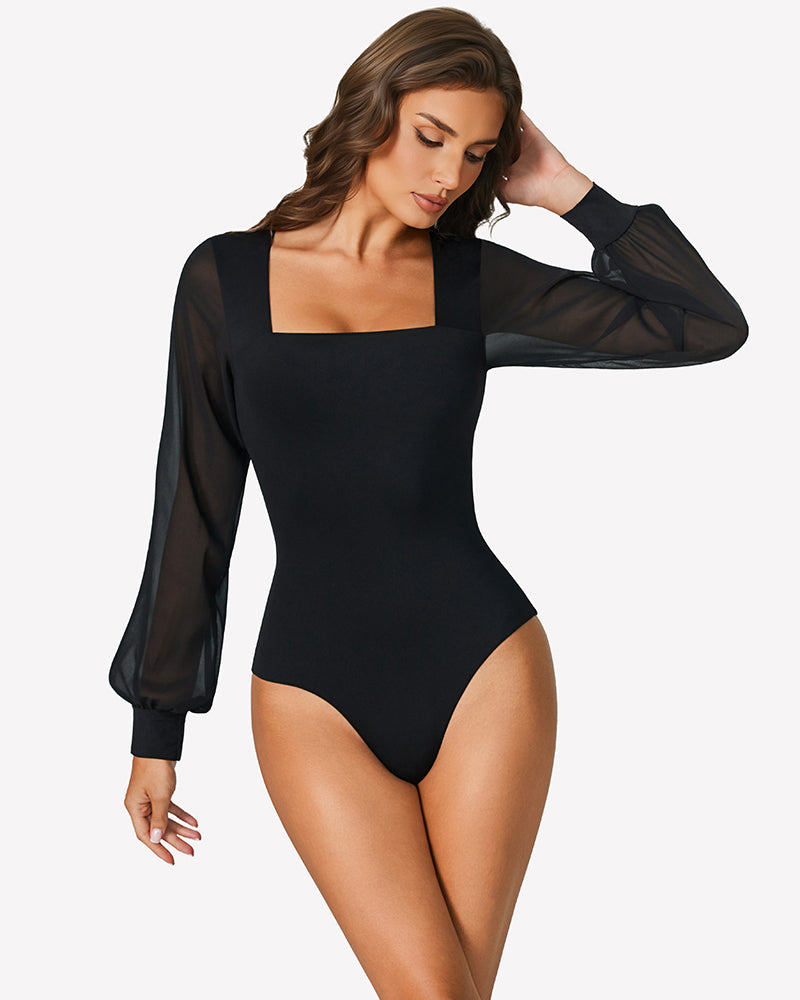 Black puff long-sleeve bodysuit leotard with square neckline and sheer puff sleeves