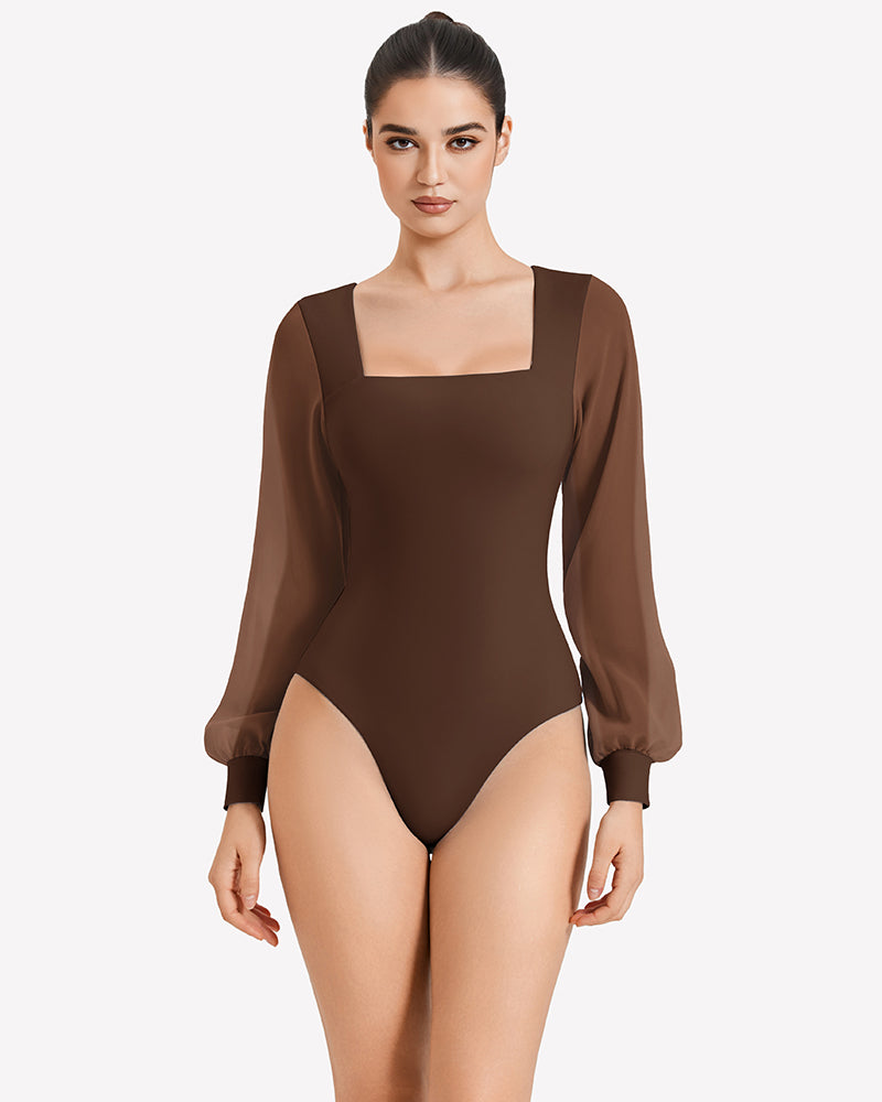 Brown puff long-sleeve bodysuit leotard with square neckline and gathered cuffs