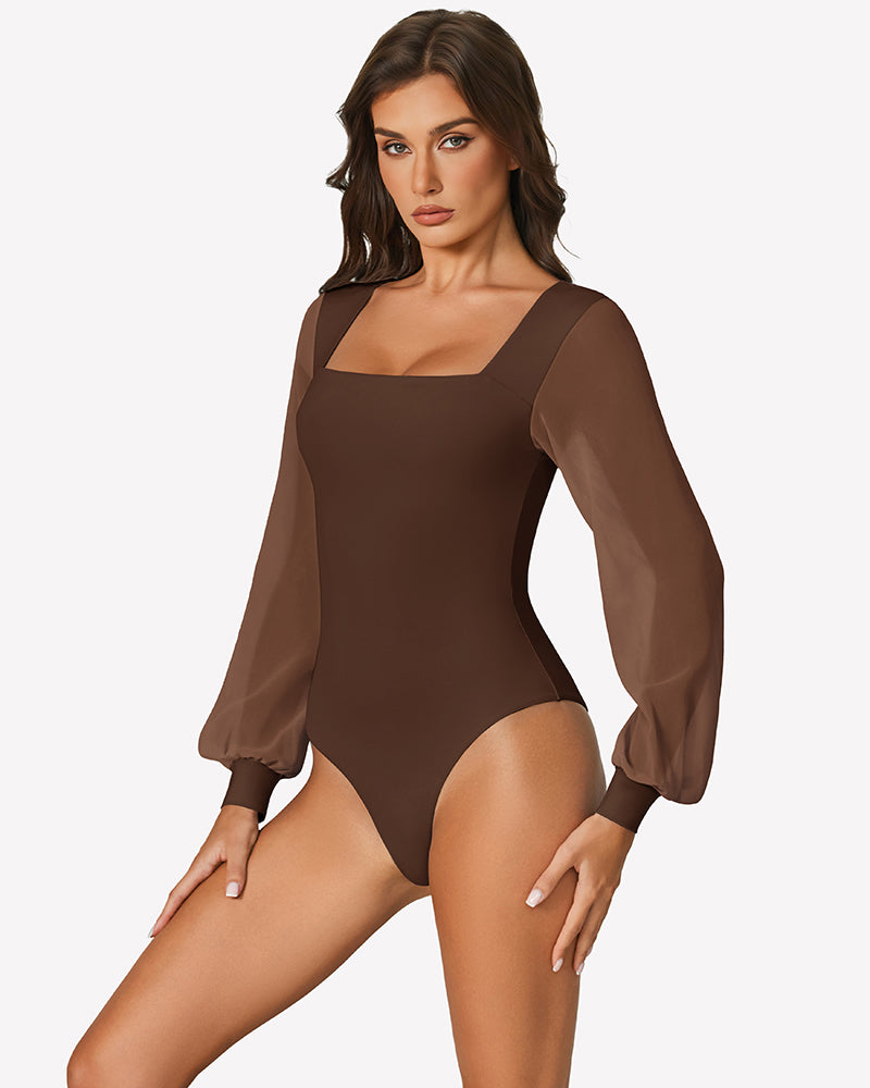 Brown puff long-sleeve bodysuit leotard, square neckline, puff sleeves