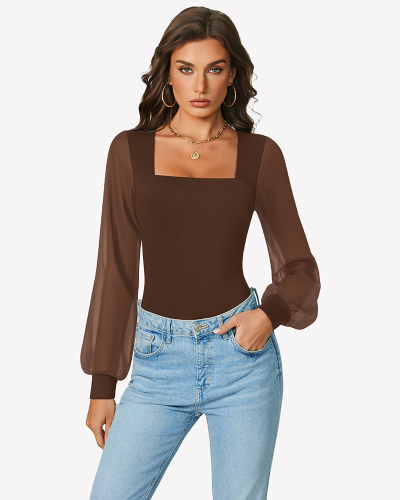 Brown puff long-sleeve bodysuit leotard, square neckline, long puff sleeves