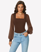 Brown puff long-sleeve bodysuit leotard, square neckline, long puff sleeves