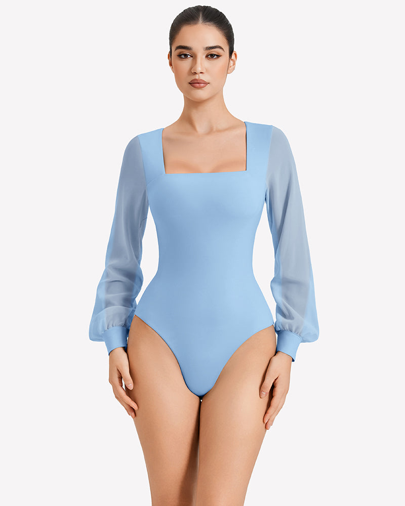 Light blue puff long-sleeve bodysuit leotard with square neckline and gathered cuffs