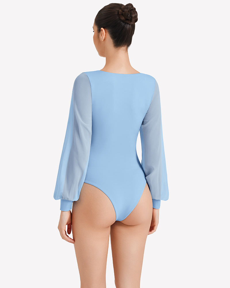 Light blue puff long-sleeve bodysuit leotard, back view, sheer puff sleeves