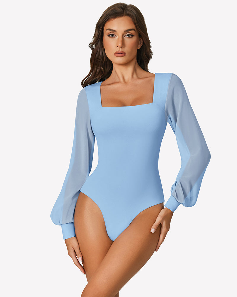 Light blue puff long-sleeve bodysuit leotard, fitted silhouette, square neckline