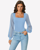 Powder blue puff long-sleeve square-neck bodysuit with high-leg thong cut