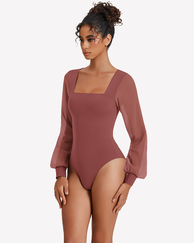 Mauve puff long-sleeve square-neck bodysuit with high-leg thong cut