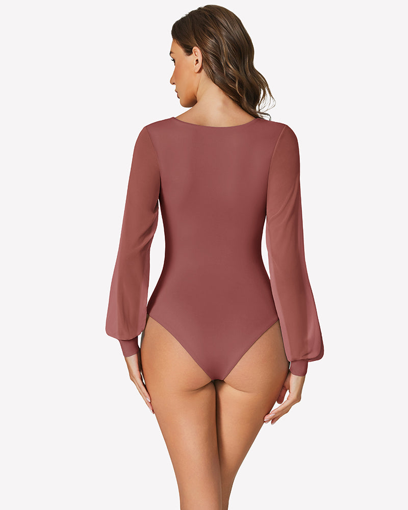 Rose brown puff long-sleeve square-neck bodysuit, back view with high-leg cut