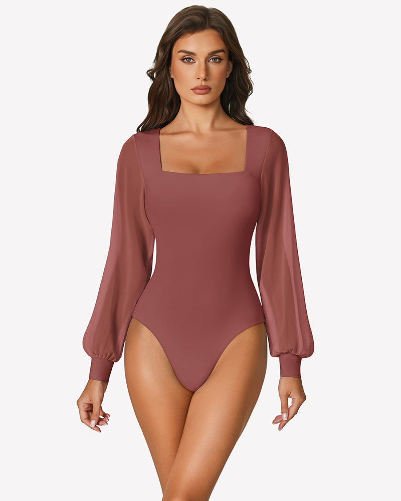 Rose brown puff long-sleeve square-neck bodysuit with high-leg thong cut