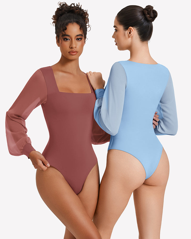 Mauve and light blue puff long-sleeve square-neck bodysuits with high-leg cut