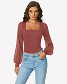 Mauve puff long-sleeve square-neck bodysuit with gathered cuffs and high-leg cut
