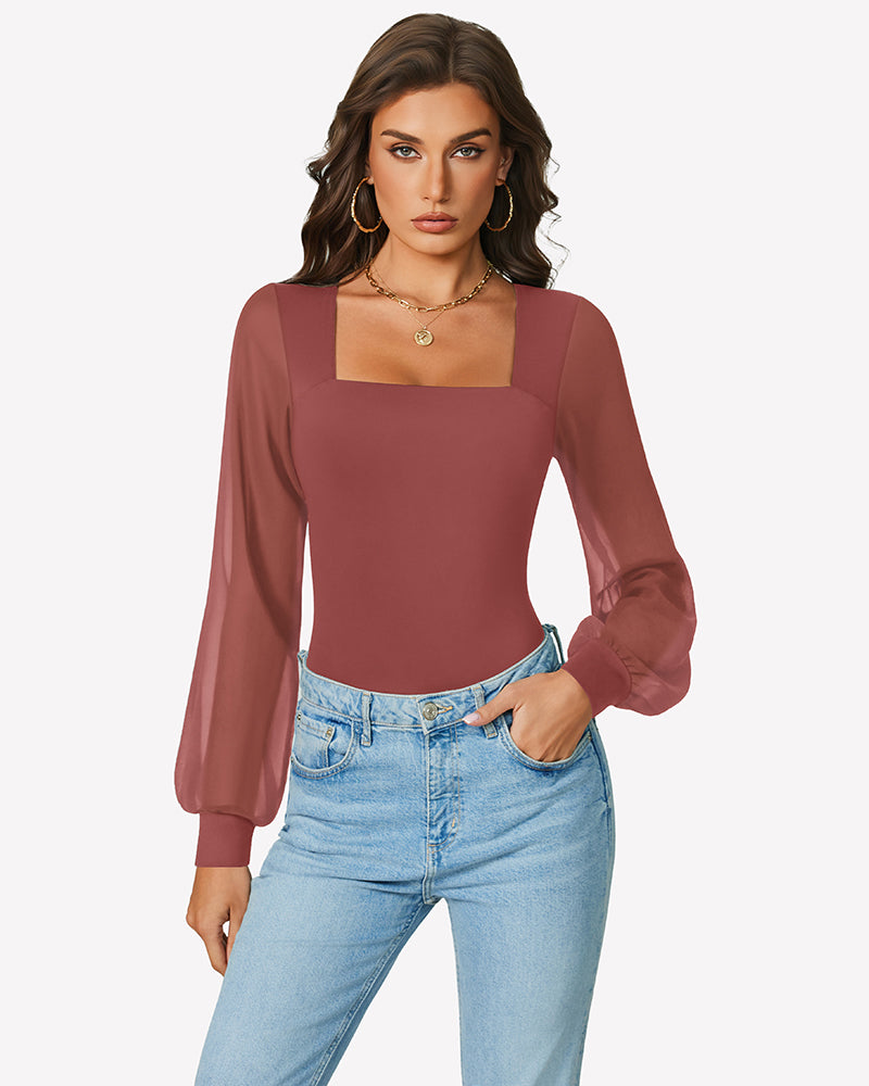 Mauve puff long-sleeve square-neck bodysuit with gathered cuffs and high-leg cut