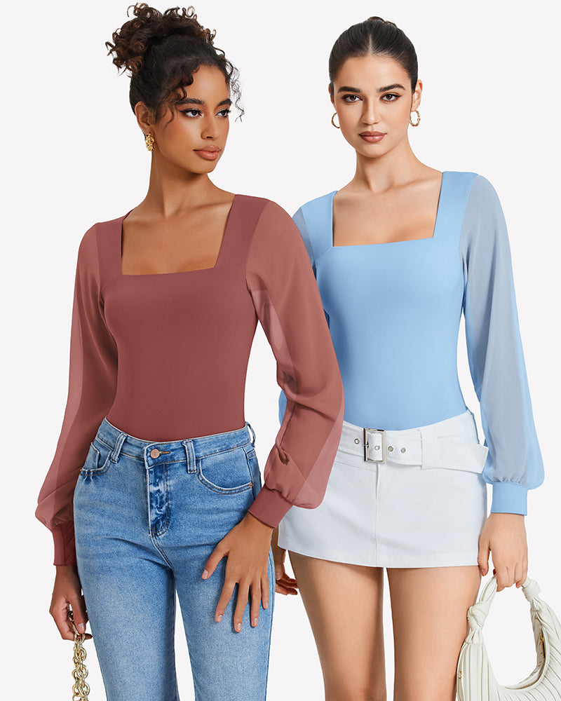 Mauve and light blue puff long-sleeve square-neck bodysuits with high-leg cut