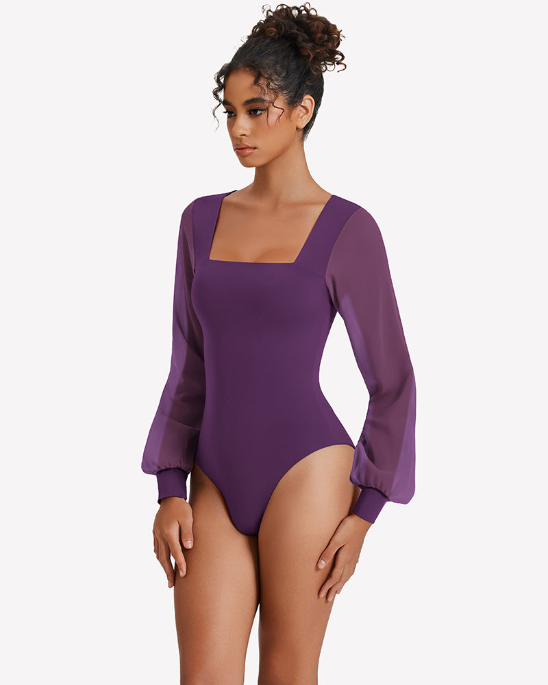 Purple puff long-sleeve square-neck bodysuit, back view with high-leg cut