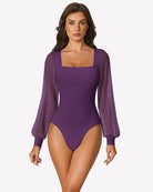 Purple puff long-sleeve square-neck bodysuit with high-leg thong cut