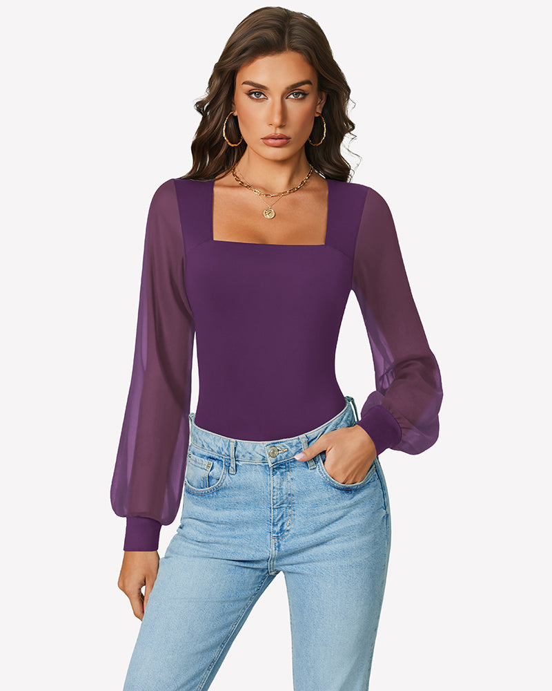 Purple puff long-sleeve square-neck bodysuit with gathered cuffs and high-leg cut